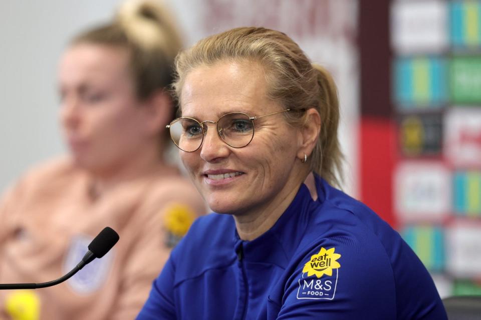 Sarina Wiegman speaks to the media at St George’s Park on Thursday (Getty)