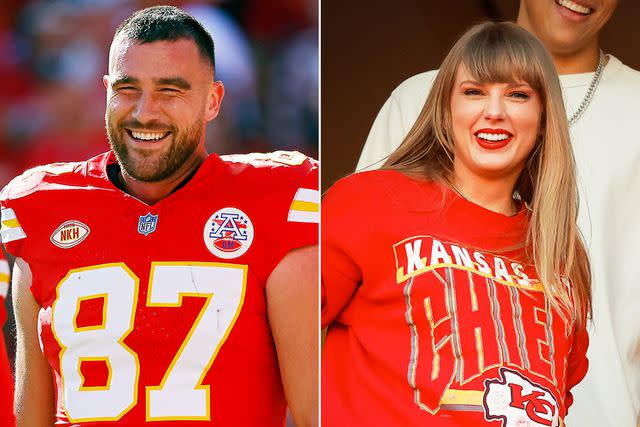 <p>David Eulitt/Getty (2)</p> Travis Kelce (left) playing football; Taylor Swift watching the Kansas City Chiefs