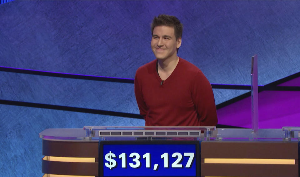 This image made from video aired on "Jeopardy!" on Wednesday, April 17, 2019, and provided by Jeopardy Productions, Inc. shows James Holzhauer. The professional sports gambler from Las Vegas Holzhauer won $131,127 during a show that aired Wednesday night, breaking the record that viewers saw him set last week. (Jeopardy Productions, Inc. via AP)