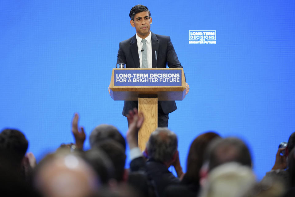 British Prime Minister Rishi Sunak speaks at the Conservative Party annual conference at Manchester Central convention complex in Manchester, England, Wednesday, Oct. 4, 2023. (AP Photo/Jon Super)