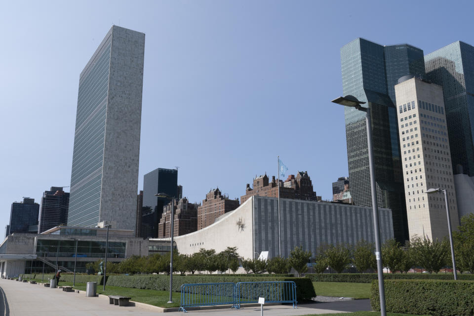 A general view of United Nations headquarters on Monday, Sept. 21, 2020. In 2020, which marks the 75th anniversary of the United Nations, the annual high-level meeting of world leaders around the U.N. General Assembly will be very different from years past because of the coronavirus pandemic. Leaders will not be traveling to the United Nations in New York for their addresses, which will be prerecorded. Most events related to the gathering will be held virtually. (AP Photo/Mary Altaffer)