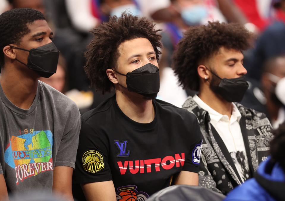 Detroit Pistons guard Cade Cunningham watches action against the Chicago Bulls, Wednesday, Oct. 20, 2021 at Little Caesars Arena.