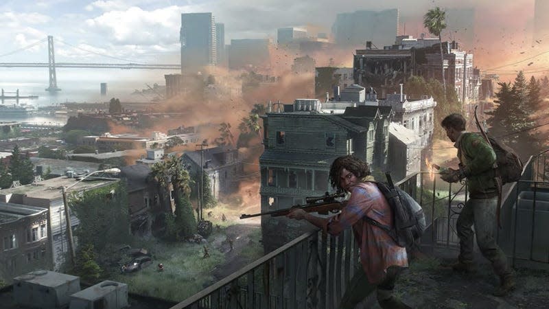 Two survivors are seen standing on a balcony over a desecrated city, with what looks like a sandstorm in the distance.