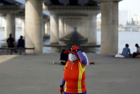 A woman wearing a mask to prevent contracting Middle East Respiratory Syndrome (MERS) rests under a bridge at the Han river park in Seoul, South Korea, June 22, 2015. REUTERS/Kim Hong-Ji