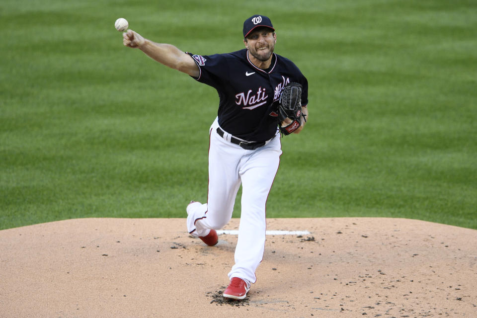 Washington Nationals starting pitcher Max Scherzer delivers during the first inning of a baseball game against the Tampa Bay Rays, Monday, Sept. 7, 2020, in Washington. (AP Photo/Nick Wass)