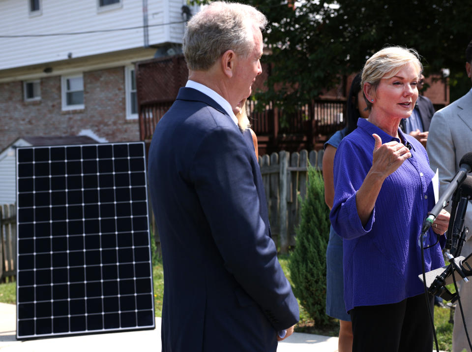 Energy Secretary Jennifer Granholm speaks alongside Sen. Van Hollen as she announces a new solar power program on July 22, 2021 in Silver Spring, Maryland. (Photo by Kevin Dietsch/Getty)