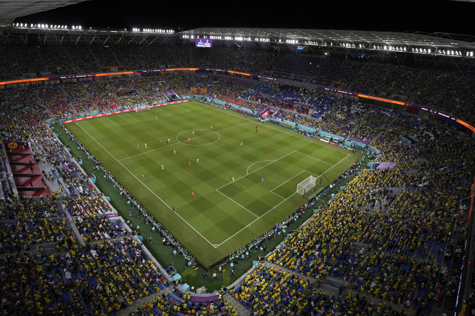 FILE - A view of the Stadium 974 during the World Cup group G soccer match between Brazil and Switzerland, in Doha, Qatar, Monday, Nov. 28, 2022. (AP Photo/Thanassis Stavrakis, File)