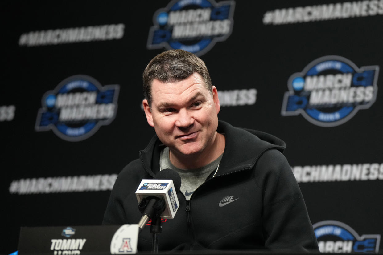 Mar 27, 2024; Los Angeles, CA, USA; Arizona Wildcats coach Tommy Lloyd during a press conference prior to NCAA Tournament at West Regional at Crypto.com Arena. Mandatory Credit: Kirby Lee-USA TODAY Sports