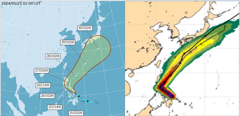 圖：最新(25日2時)中央氣象署「路徑潛勢預測圖」(左圖)顯示，今年首颱「艾維尼」將於今(25)日14時形成。其未來行徑與最新(24日20時)歐洲(ECMWF)系集模式模擬(右圖)類似，先朝西北逐漸接近呂宋島，再向東北大迴轉遠離。