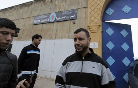 Younes Abdurrahman Chekkouri (R), a former Guantanamo detainee from Morocco, is seen after he was released on bail from Sale Jail, near the city of Rabat, February 11, 2016. REUTERS/Stringer