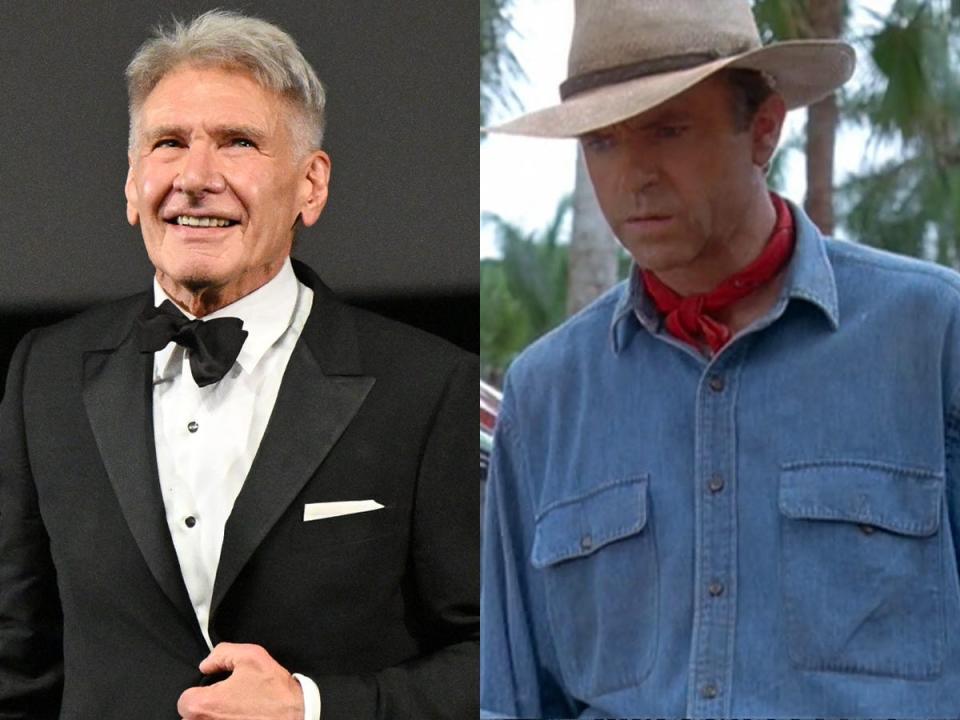 Harrison Ford receives an honorary Palme D'Or during the 76th annual Cannes film festival at Palais des Festivals on May 18, 2023, and Sam Neill as Dr. Alan Grant in "Jurassic Park."