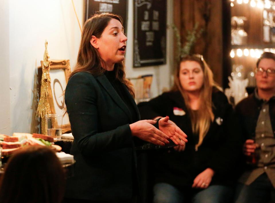 Missouri gubernatorial candidate Crystal Quade speaks at a fundraising event at Q Enoteca after she secured an endorsement from state LGBTQ+ advocacy group PROMO PAC on Thursday, Feb. 1, 2024.