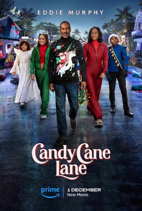 "Candy Cane Lane," a holiday comedy starring Eddie Murphy (C), is coming to Prime Video. Photo courtesy of Prime Video
