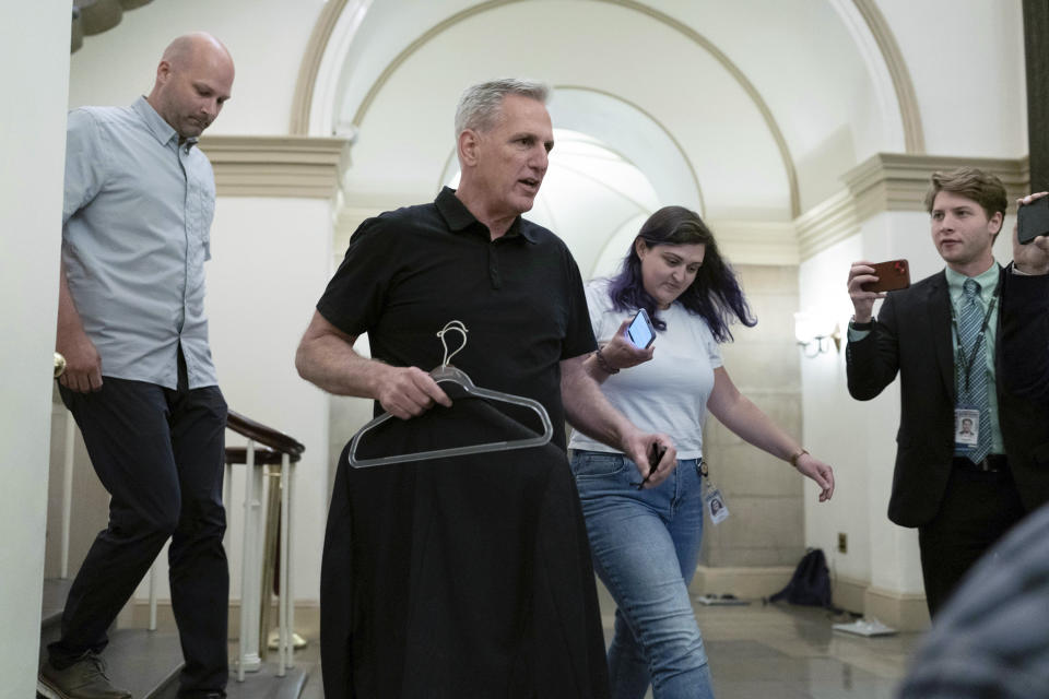 Speaker of the House Kevin McCarthy, R-Calif., talks to reporters as he leaves Capitol Hill, Monday, May 29, 2023, in Washington. After weeks of negotiations, President Joe Biden and House Speaker Kevin McCarthy have struck an agreement to avert a potentially devastating government default. The stakes are high for both men — and now each will have to persuade lawmakers in their parties to vote for it. (AP Photo/Jose Luis Magana)