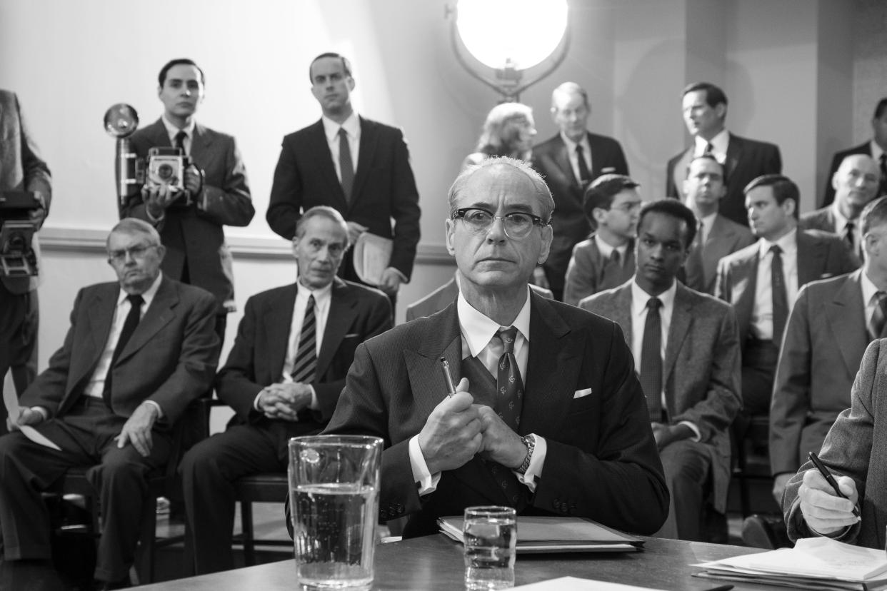 Robert Downey Jr. (center) plays Lewis Strauss, who goes through senate hearings as part of his nomination for the secretary of commerce in "Oppenheimer."