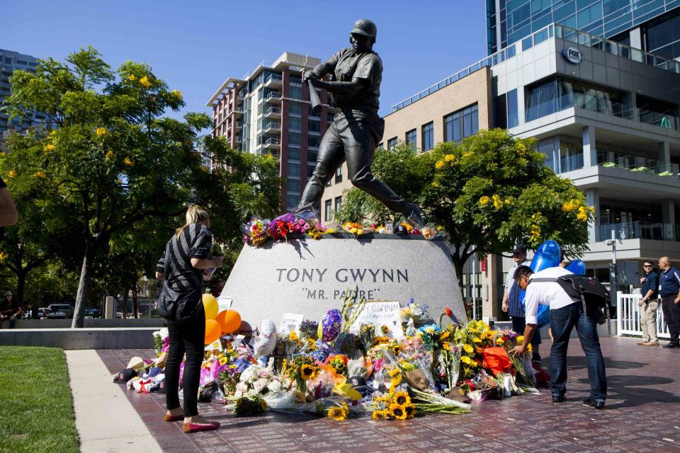 Fans leave flowers at a makeshift memorial to former San Diego Padres outfielder Tony Gwynn at Petco Park in San Diego