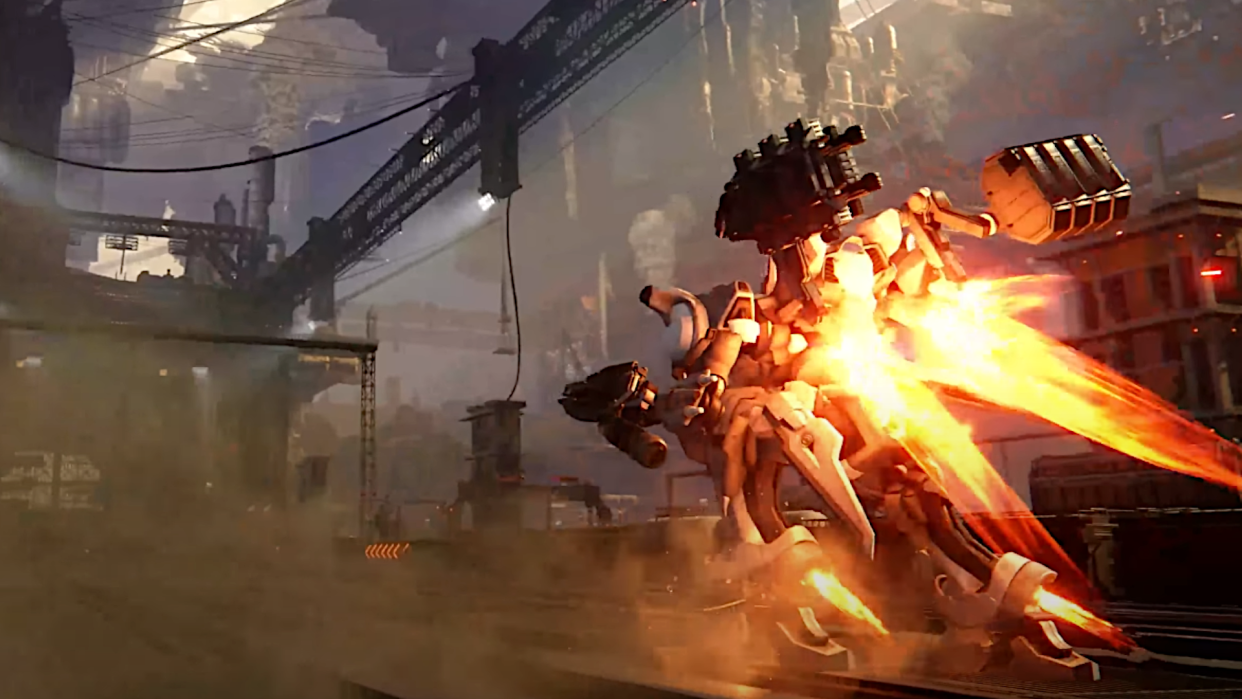  A mech from Armored Core 6 engages its boosters in an industrial locale. 