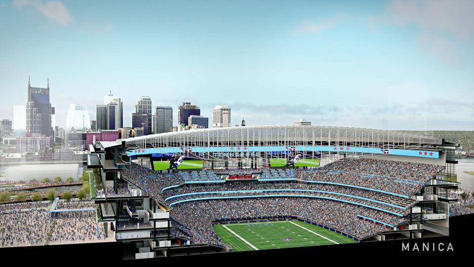 The Tennessee Titans released renderings of the potential new stadium Wednesday, Nov. 9, 2022. The stadium would encompass 1.7 million square feet with a capacity of about 60,000 people.