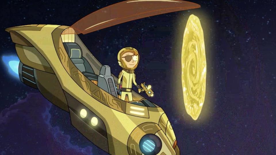 Evil Morty steps off his spaceship to walk through a yellow portal