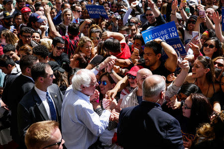 U.S. Democratic presidential candidate Bernie Sanders greets supporters at a campaign rally in Stockton, California, United States, May 10, 2016. REUTERS/Max Whittaker
