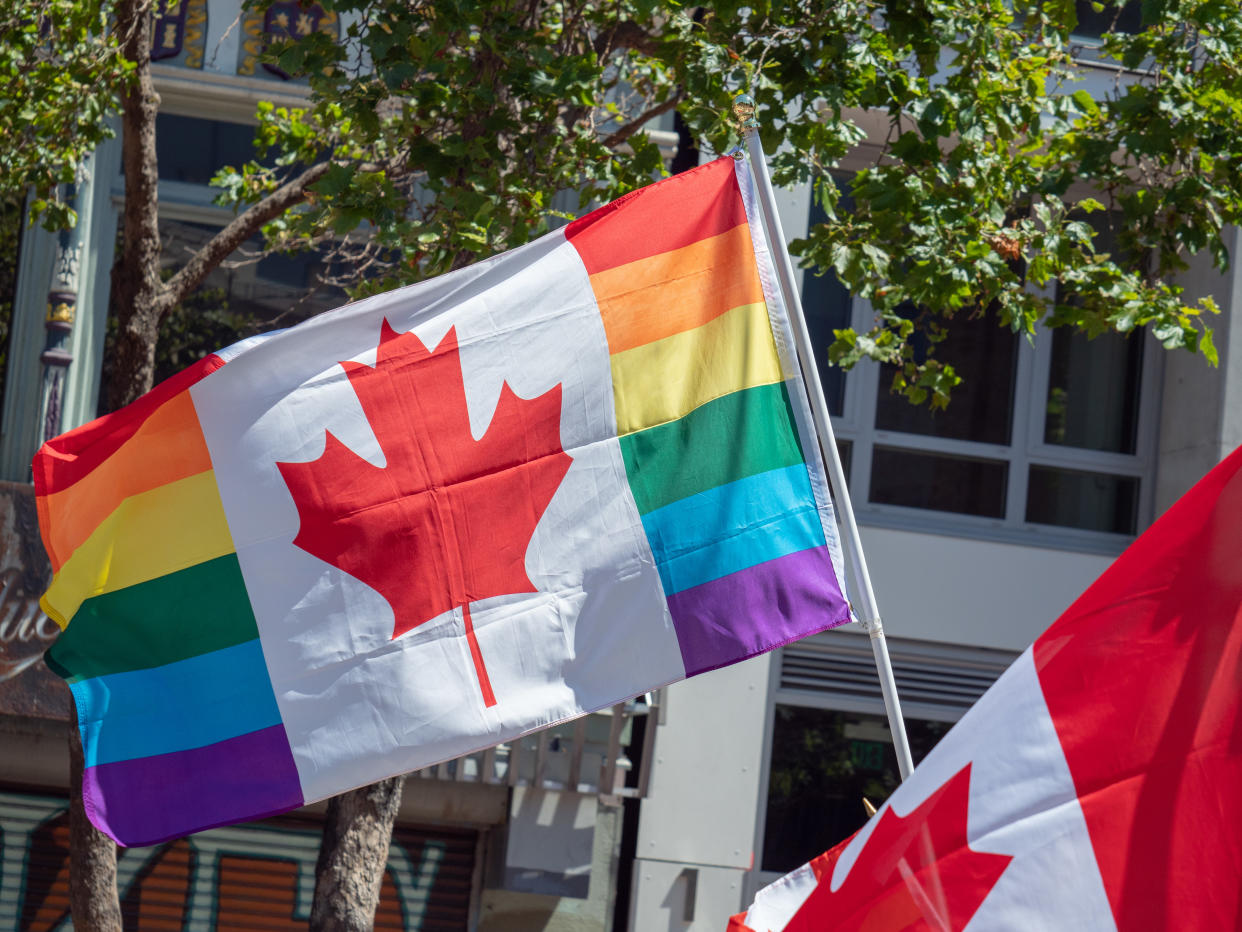 A Canada, LGBTQ+ Pride flag waving together during a Pride Festival