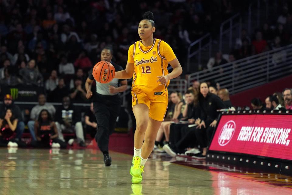 PHOTO: Southern California Trojans guard JuJu Watkins dribbles the ball against the Colorado Buffaloes during a NCAA college women's basketball game, on Feb. 23, 2024, in Los Angeles.  (Image Of Sport via Newscom)