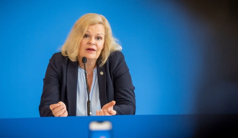 German Minister of the Interior Nancy Faeser takes part in a press conference on the completion of the testing of critical components in 5G communication networks. Michael Kappeler/dpa