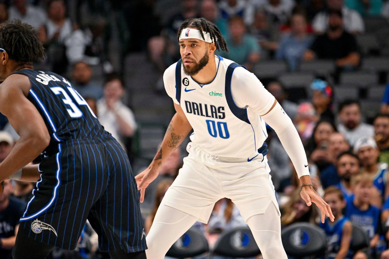 Oct 7, 2022; Dallas, Texas, USA; Dallas Mavericks center JaVale McGee (00) in action during the game between the Dallas Mavericks and the Orlando Magic at the American Airlines Center.