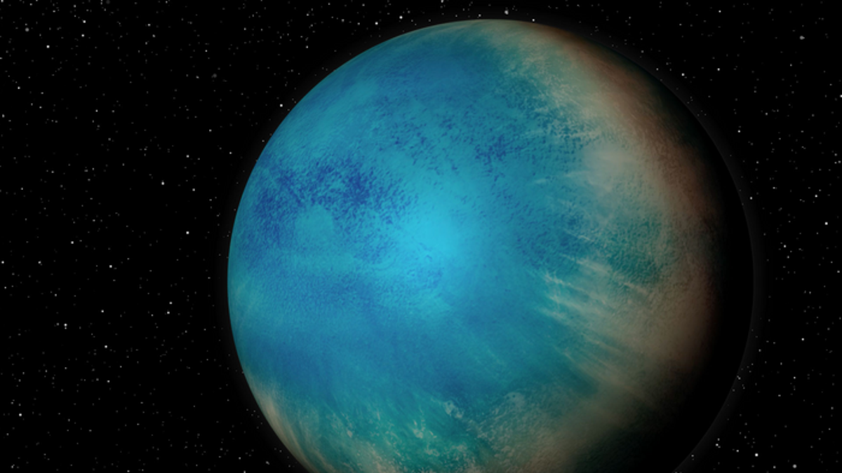 An artist’s illustration of the exoplanet TOI-1452 b, which may be a water world, covered entirely by a deep ocean  (Benoit Gougeon, Université de Montréal)