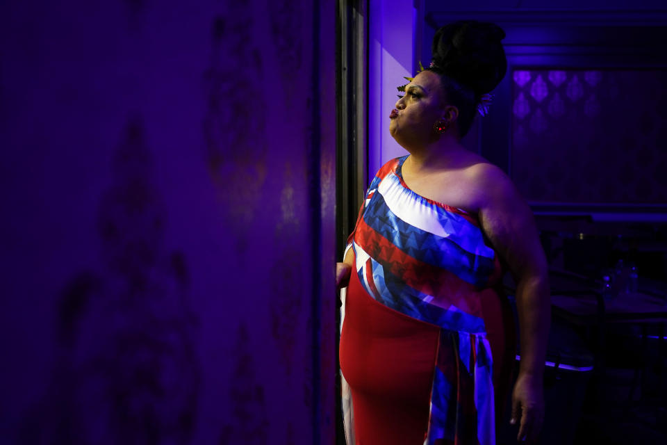 Leikia Williams blows a kiss backstage at the Mahu Magic drag show at the Western Regional Native Hawaiian Convention, Tuesday, June 20, 2023, in Las Vegas. (AP Photo/John Locher)