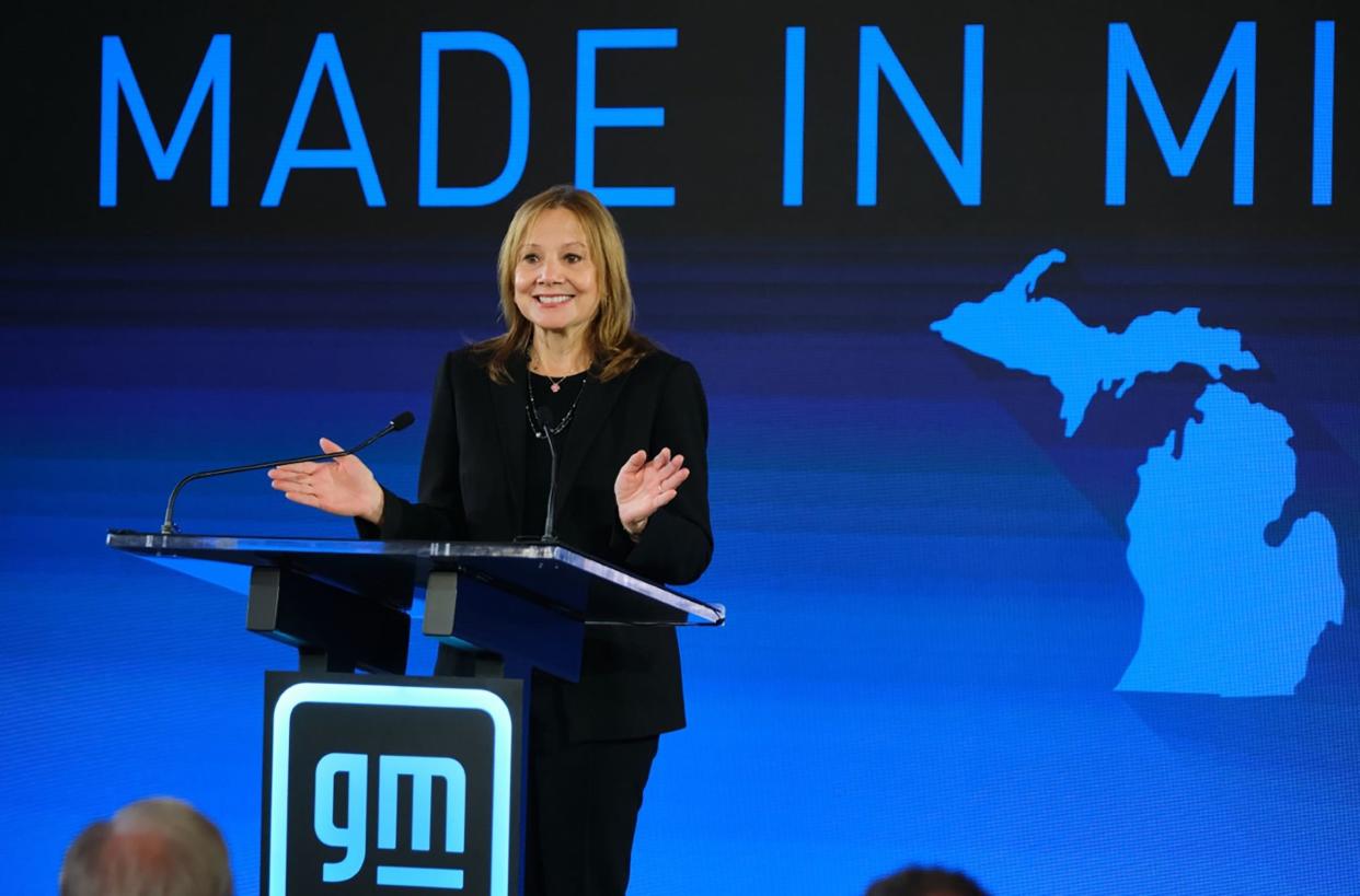 General Motors Chair and CEO Mary Barra announces on January 25, 2022 a GM investment of more than $7 billion in four Michigan manufacturing sites that includes building a new Ultium Cells battery cell plant in Lansing and converting the GM Orion Assembly plant to build full-size electric pickups. The investment will create 4,000 new jobs and retain 1,000. Barra made the announcement from the Senate Hearing Room of the Boji Tower in Lansing, Michigan. 