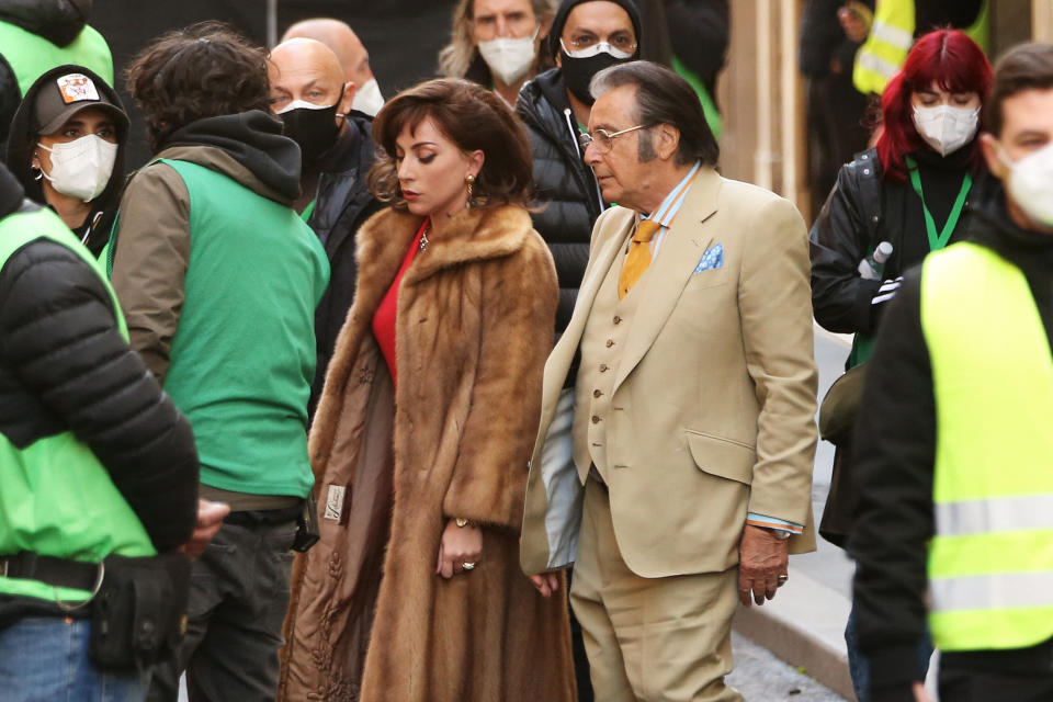 Lady Gaga and Al Pacino on the "House of Gucci" set in Italy. (Photo: Ernesto Ruscio via Getty Images)