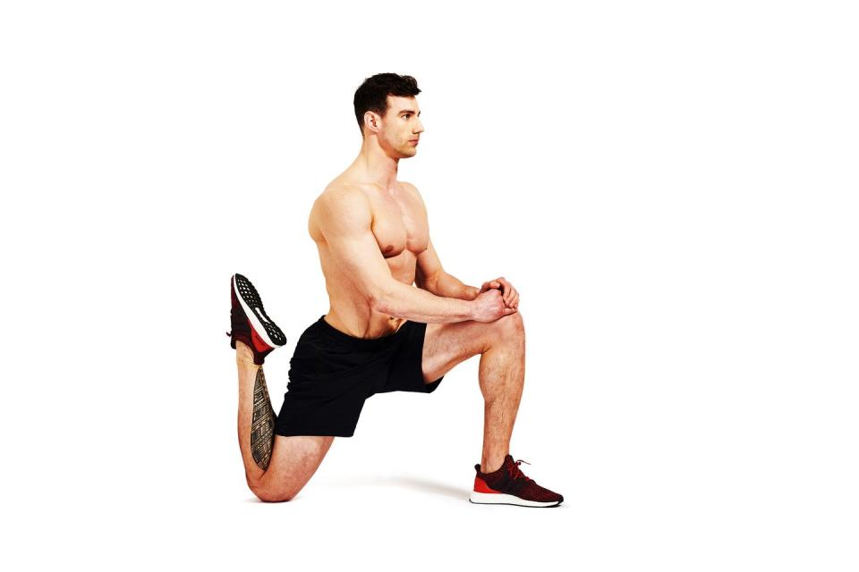 <p><strong><strong>Muscles stretched:</strong> </strong>Hips, quads</p><p><strong>How to:</strong> Lunge your right leg out in front of you and put your left knee on the floor. You can perform this stretch with your left shin parallel to the floor or you can raise your leg 180 degrees and grab onto it with your left hand. Do that and you'll get a good stretch in your left quad too.</p><p>Whichever option you choose, drive your hip forward, while maintaining a straight back. Hold the position for 30 seconds, and repeat 2 to 5 times with each leg, trying to increase your stretch each time.</p>