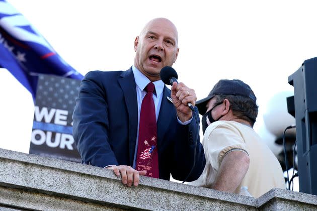 Pennsylvania state Sen. Doug Mastriano speaks to Donald Trump supporters outside the Pennsylvania State Capitol after Democrat Joe Biden defeated Trump to become 46th president of the United States.   (Photo: AP Photo/Julio Cortez, File)