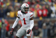 FILE - In this Nov. 30, 2019, file photo, Ohio State cornerback Jeff Okudah get ready for a Michigan play during an NCAA college football game in Ann Arbor, Mich. The Detroit Lions selected Okudah with the third pick in the NFL draft Thursday, April 23, 2020. (AP Photo/Paul Sancya, File)