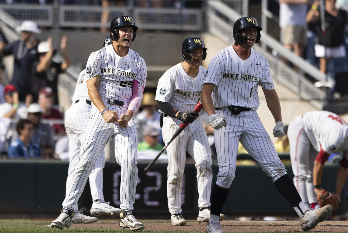 Gavin Sheets (24) of the Wake Forest Demon Deacons lines the game winning  hit into right field in the bottom of the 9th inning against the West  Virginia Mountaineers in Game Four