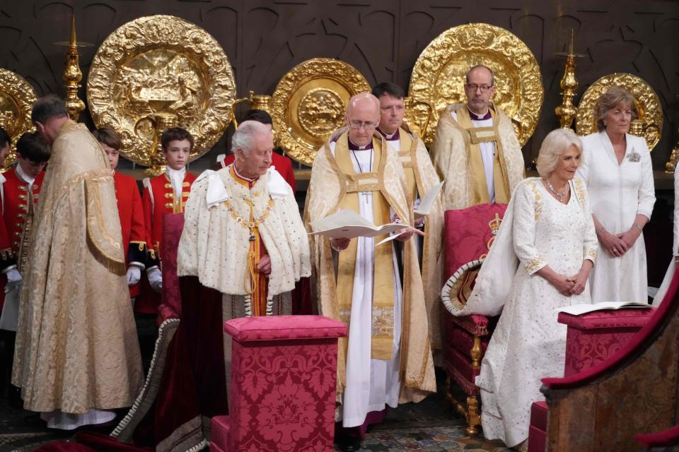 King Charles III and Britain's Camilla, Queen Consort attend their coronations at Westminster Abbey, on May 6, 2023.