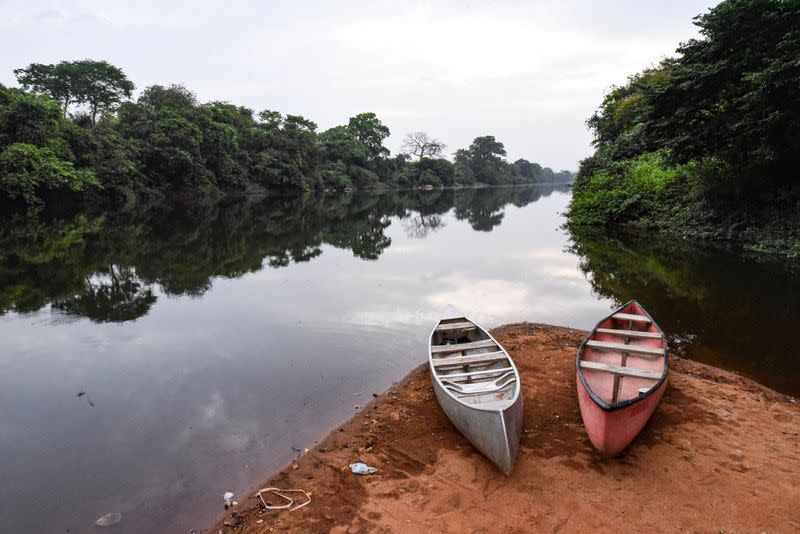 A pair of canoes are seen on the shore of a river in the Outamba-Kilimi national park