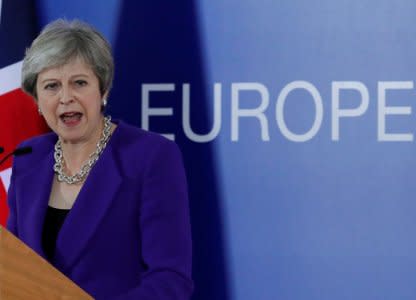 Britain's Prime Minister Theresa May holds a news conference at the European Union leaders summit in Brussels, Belgium October 18, 2018. REUTERS/Yves Herman