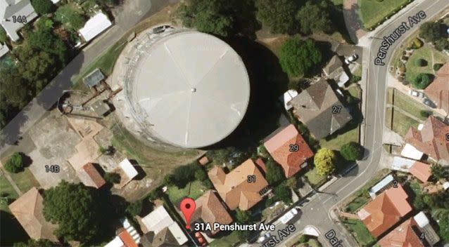 An aerial image shows the water tower's proximity to the advertised property. Picture: Google