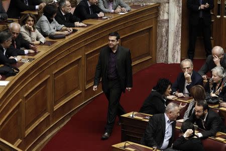 Alexis Tsipras, opposition leader and head of radical leftist Syriza party, arrives for the second of three rounds of a presidential vote at the Greek parliament in Athens December 23, 2014. REUTERS/Alkis Konstantinidis