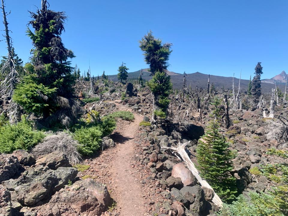 The Pacific Crest Trail through lava rock en route to Matthieu Lakes.