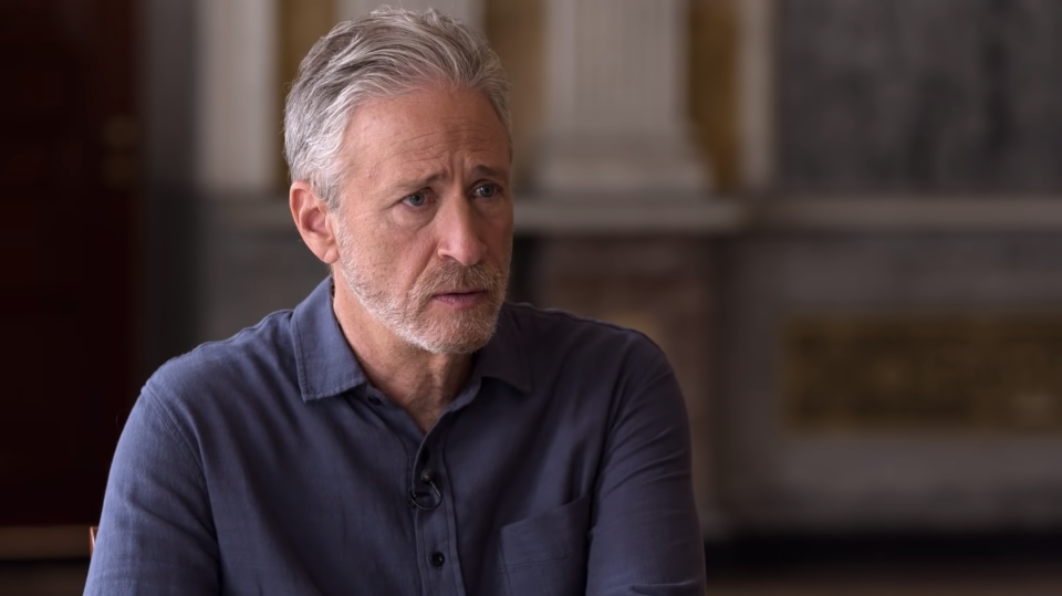 Jon Stewart mid-interview on The Problem with Jon Stewart