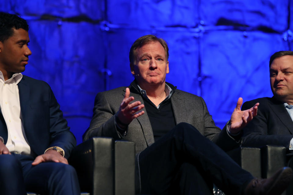 NFL commissioner Roger Goodell, wearing his work clothes, ran the 40-yard dash in NFL headquarters on Monday. (AP)