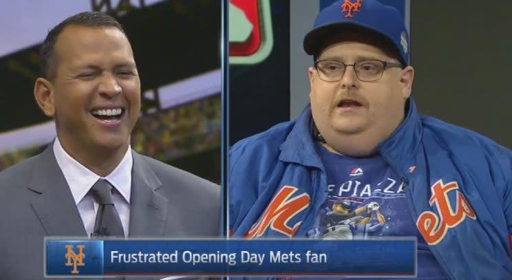 Alex Rodriguez got a good laugh from Frank, the now famously frustrated Mets fan. (Fox Sports 1)