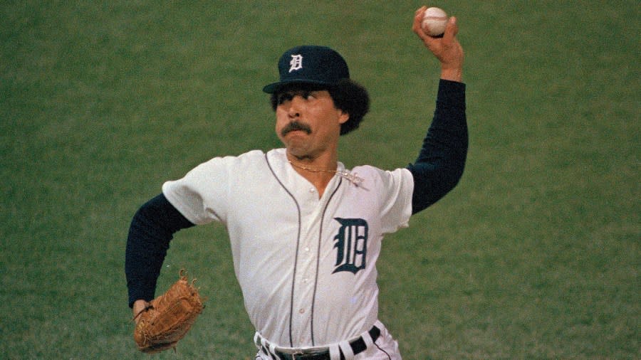 FILE - Detroit Tigers' pitcher Willie Hernandez on the mound during the fifth game of the World Series against the San Diego Padres at Tiger Stadium in Detroit, Oct. 14, 1984. Three-time All-Star relief pitcher Hernández, who won the 1984 Cy Young and Most Valuable Player awards as part of the World Series champion Detroit Tigers, has died. He was 69. (AP Photo, File)