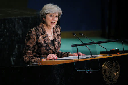 FILE PHOTO - British Prime Minister Theresa May addresses the 72nd United Nations General Assembly at U.N. headquarters in New York, U.S., September 20, 2017. REUTERS/Lucas Jackson