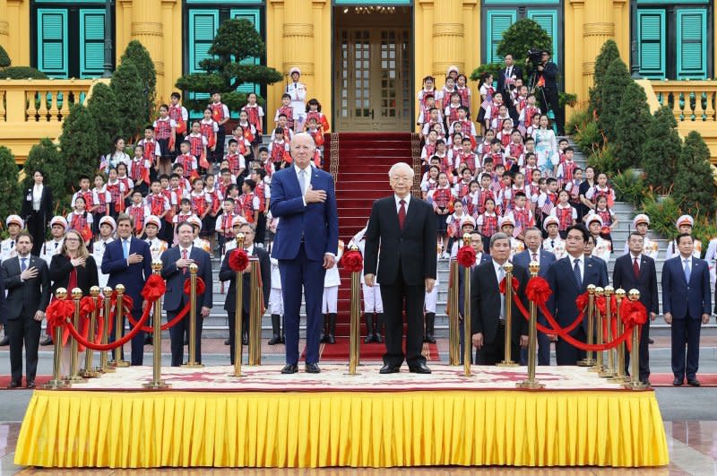 "Today, we can trace a 50-year arc of progress in the relationship between our nations from conflict to normalization," U.S. President Joe Biden said at a press conference in Vietnam. "This is a new elevated status that will be a force for prosperity and security in one of the most consequential regions in the world." Photo by Nhat Bac/Vietnam Government/UPI