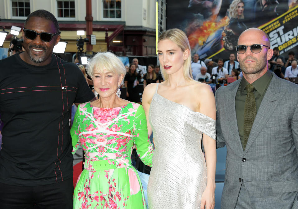 LONDON, ENGLAND - JULY 23:  (L to R) Idris Elba, Dame Helen Mirren, Vanessa Kirby and Jason Statham attend a special screening of "Fast & Furious: Hobbs & Shaw" at The Curzon Mayfair on July 23, 2019 in London, England. (Photo by David M. Benett/Dave Benett/WireImage)