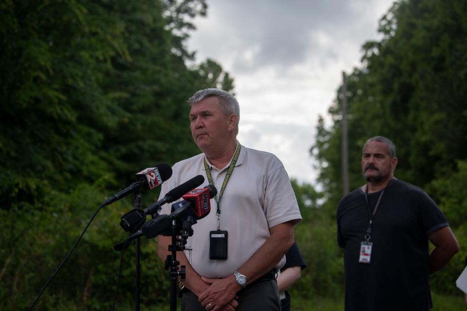 Williamson County Chief Deputy Mark Elrod speaks during a press conference concerning a plane crash where three people were killed in Williamson County, Tenn., Wednesday, May 15, 2024. The plane departed from Baton Rouge, Louisiana and was headed to Louisville, Kentucky when it crashed.